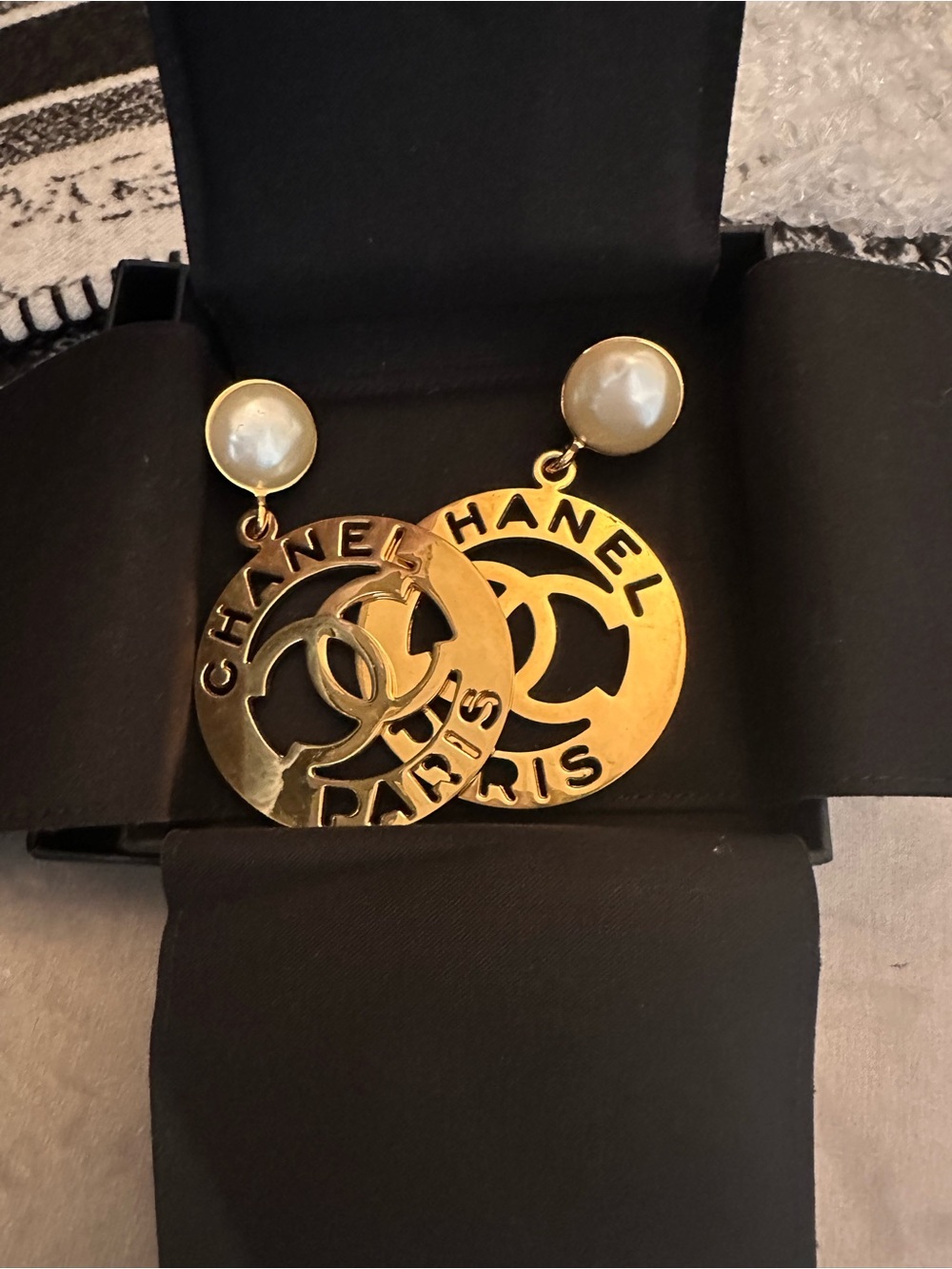 CHANEL Gold-Tone Pearl Disc Logo Drop Earrings